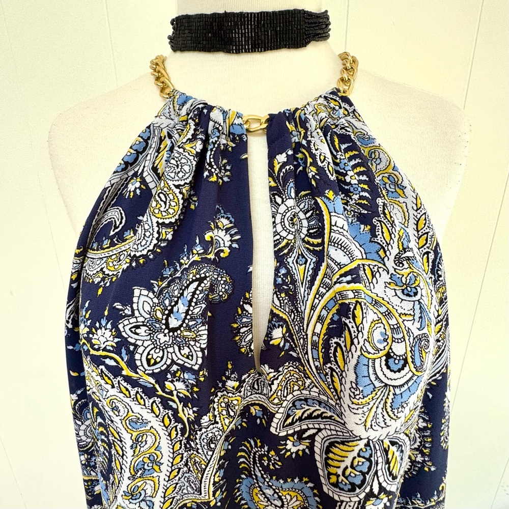 New MICHAEL Kors Paisley Chiffon Flowy High Low Dress Gold Chain S NWT Navy Blue